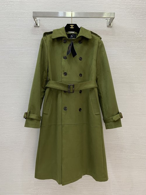 Polo Ralph Lauren Double-Breasted Belted Suede Overcoat, Brown & Green, Stylish and Long