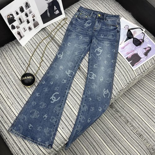 Chanel Elegant Denim Flare Pants with Double C Logo Accent