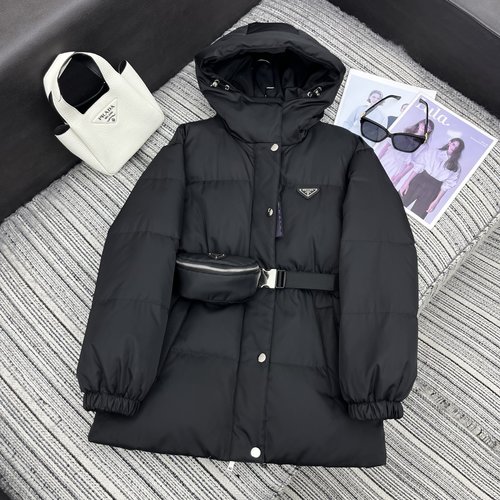 Prada Luxury White Goose Down Hooded Coat with Customized Waist Bag