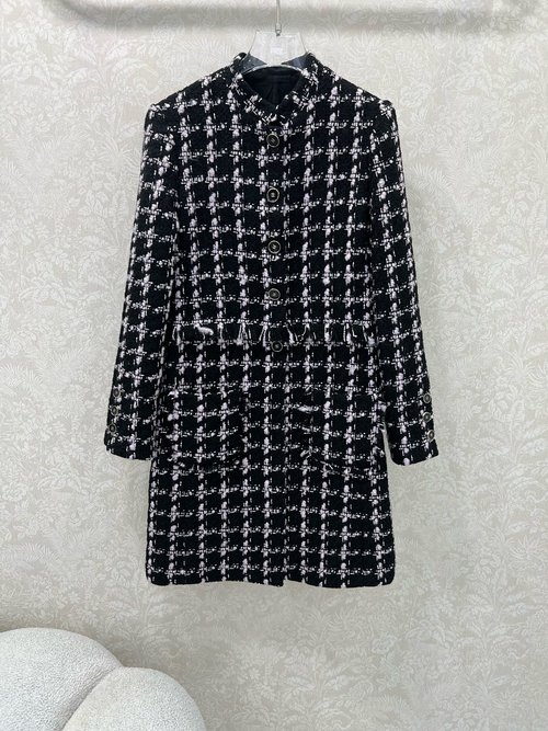 Chanel Luxurious Silk-Lined Long Woolen Coat with Elegant Fringe
