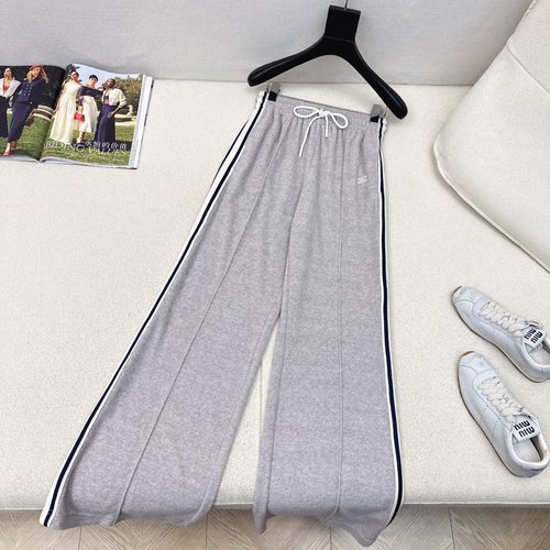 Celine Light Gray Velvet Pants with Contrast Tape and Logo