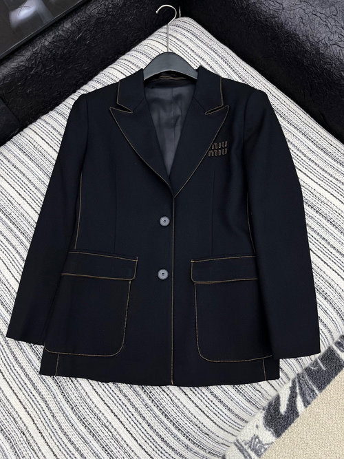Miu Miu Tailored Blazer with Contrast Stitching and Branded Patchwork