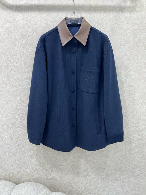 Miu Miu PU Leather Collar Corduroy Shirt Jacket with Minimal Design