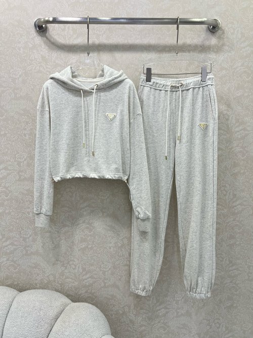 Prada Hoodie and Jogger Set with Classic Triangular Logo, Suitable for Casual Occasions