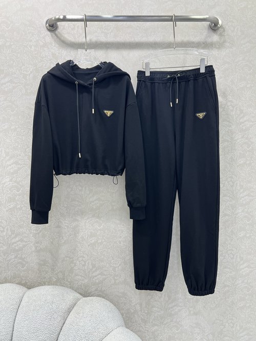 Prada Hoodie and Jogger Set with Classic Triangular Logo, Suitable for Casual Occasions