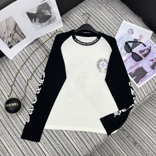 Chrome Hearts Early Autumn Recommended: Color-Blocked Long-Sleeve Round-Neck T-Shirt with Logo Print