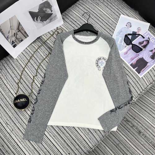 Chrome Hearts Early Autumn Recommended: Color-Blocked Long-Sleeve Round-Neck T-Shirt with Logo Print