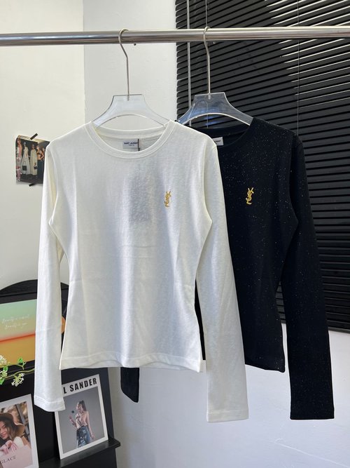 Yves Saint Laurent Bamboo Cotton Long Sleeve with Shiny Gold Embroidered Letters