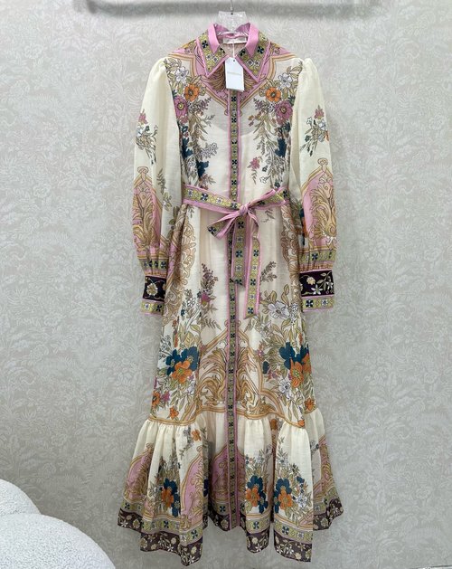 Zimmermann Lapel Long Dress with Lantern Sleeves and Fish-Tail Hemline