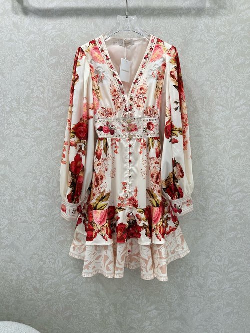 Zimmermann Rose Floral Print V-Neck Lantern Sleeve Dress with Rhinestone Trim