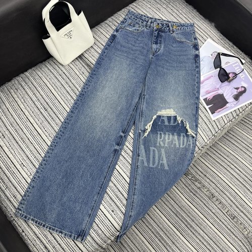 Prada Early Autumn Printed Letter Straight-Leg Jeans with Nice Wash Color
