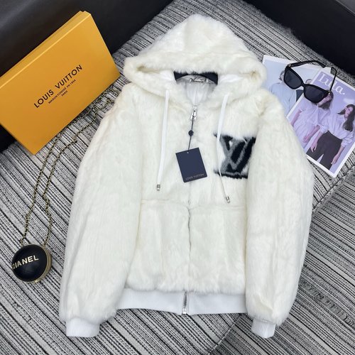 Louis Vuitton Lou Collection: Faux Fur Hooded Coat with Subtle Logo Print