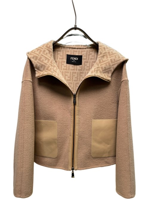 Fendi Camel Jacquard Leather Pocket Short Coat of Pure Wool with Dust Bag