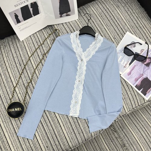 Chanel Long-sleeved Lace Top with Double C Logo Studded Buttons