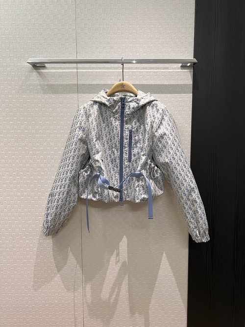 Dior Haze Blue Floral Hooded Trench Coat with Embroidered Bee