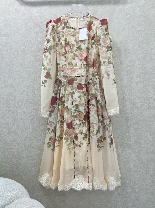 Zimmermann Elegant Long Rose Print Dress with Waistband and Ruffled Hem