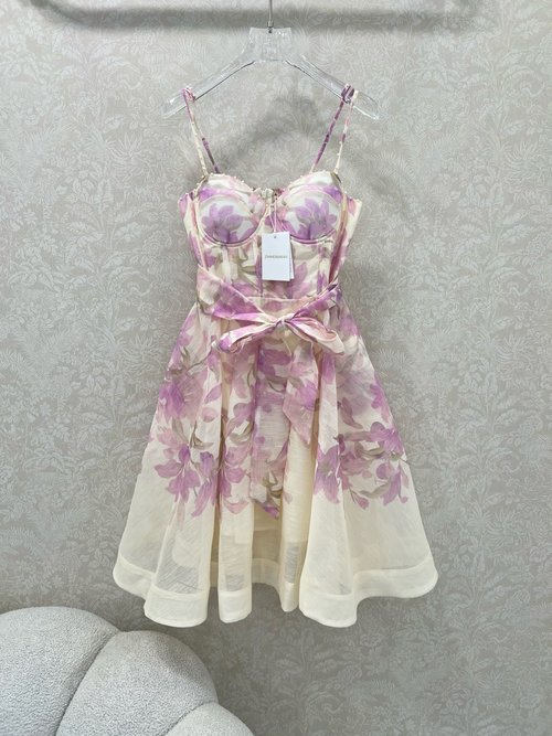 Zimmermann Linen Sling Dress with Bauhinia Print, Strapless Diamond Decoration and Waist Ruffles