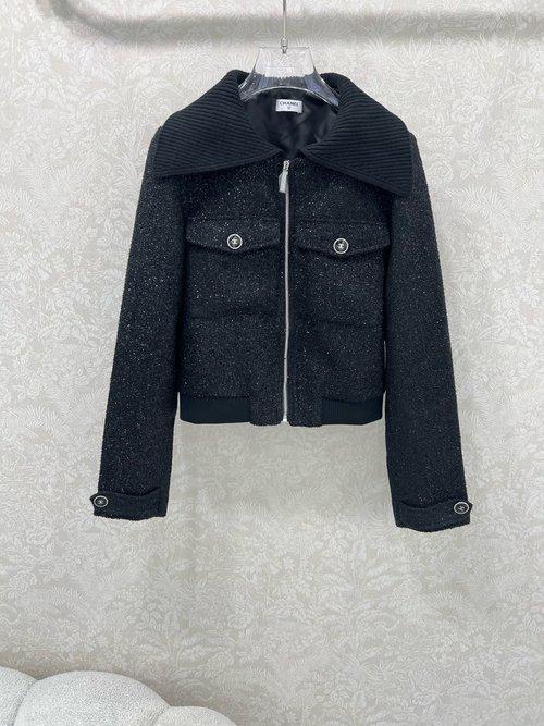 Chanel Knit - Collar Knitted Tweed Coat with Custom Emblem