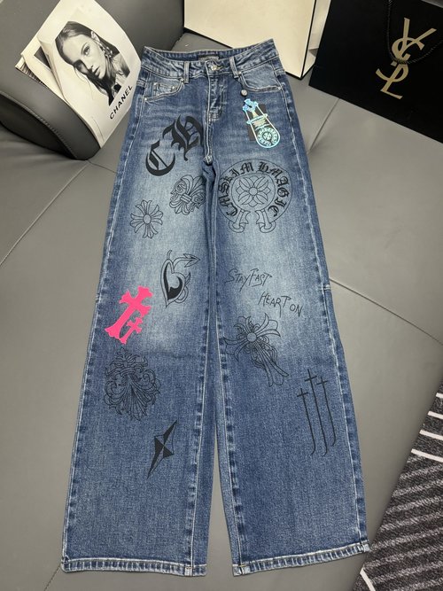 Chanel Elastic Straight-Cut Jeans with Graffiti and Cross Design