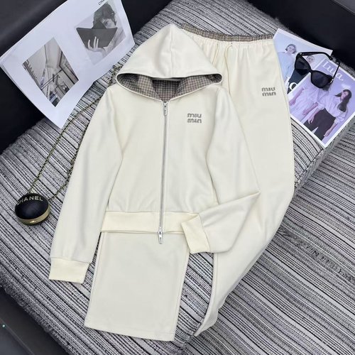 Miu Miu Recommended New Hooded Casual Outerwear and Straight Pants Set with Grid Letters