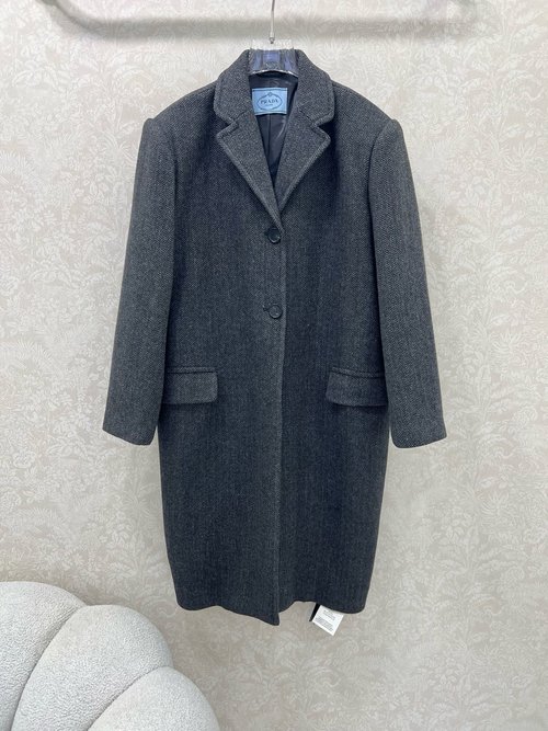 Prada Regular Shoulder Lapel Long Woolen Coat with Single - Row Buttons and Flap Pockets