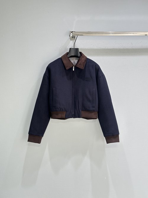 Miu Miu Short Collar Jacket with Zipper and Corduroy Finishes