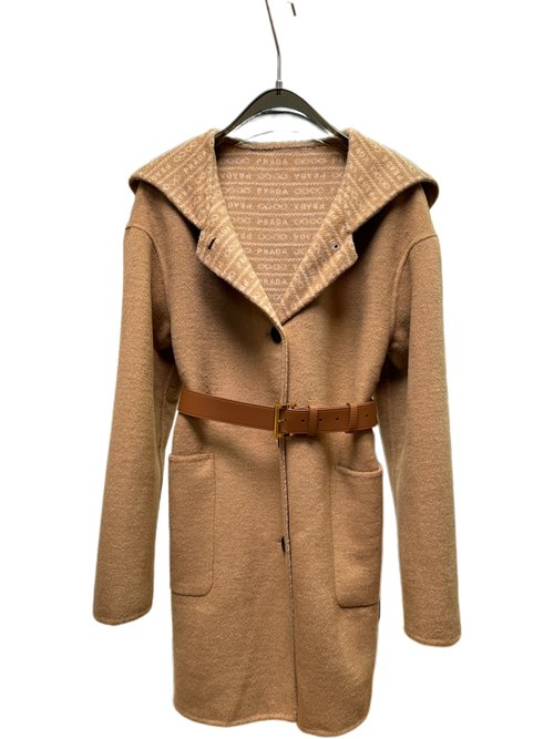 Prada Mid - length Buttoned Hooded Coat with Dust Bag in Neutral Colors