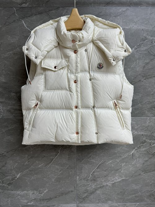 Moncler Down Vest with Removable Hood and Double-Button Asymmetrical Style