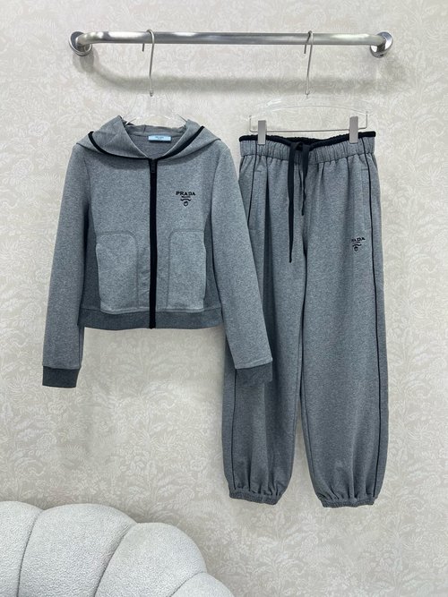 Prada Zip - up Hooded Jacket and Cuffed Trousers Set with Embroidered Logo