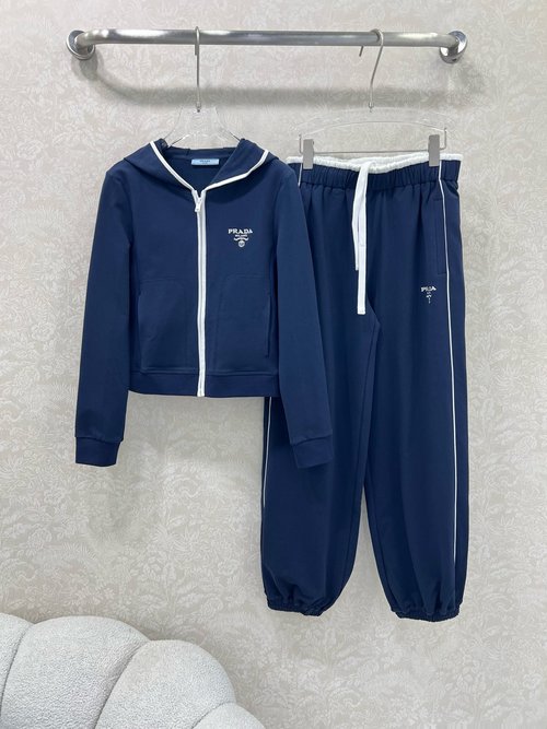 Prada Zip - up Hooded Jacket and Cuffed Trousers Set with Embroidered Logo