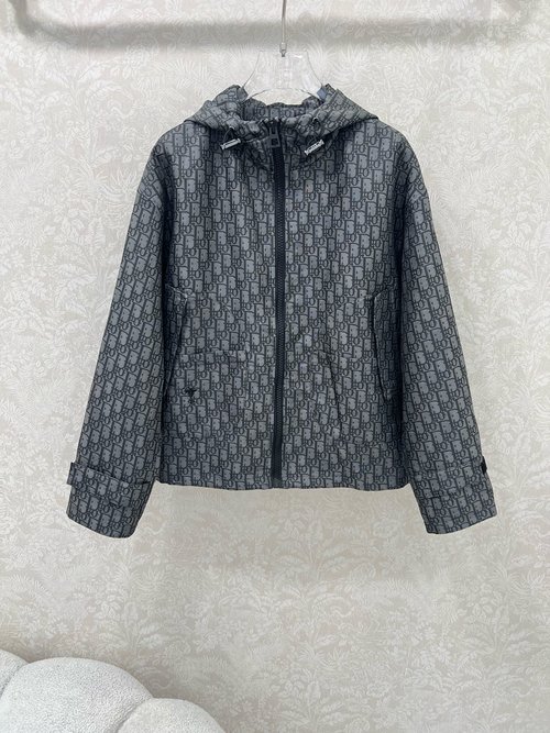 Dior High - end Grey Floral Jacquard Hooded Pocket Jacket