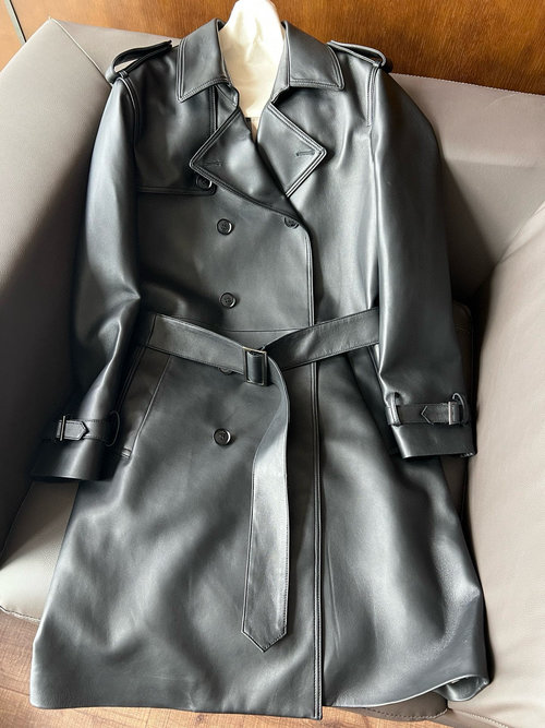 Burberry Elegant Long Leather Coat with Minimalist Design and Belt