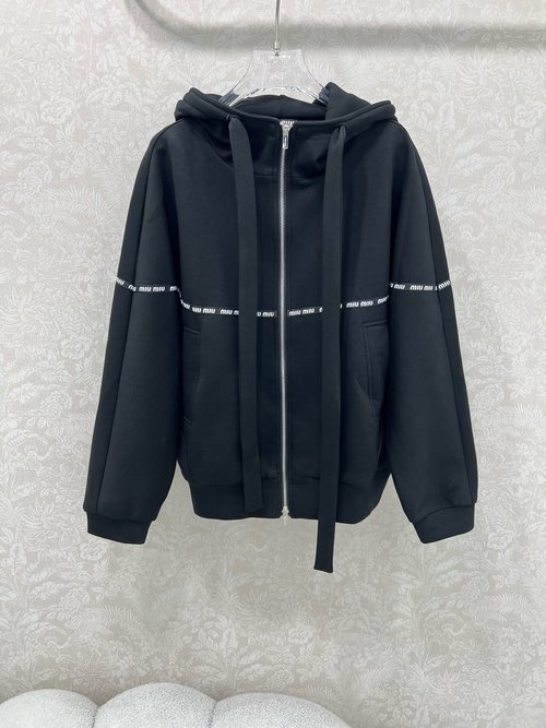 Miu Miu Solid Color Hooded Space Cotton Coat with Intricate Logo Stripe