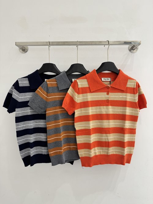 Miu Miu Cotton Blend Short - Sleeve Shirt with Colorful Stripes
