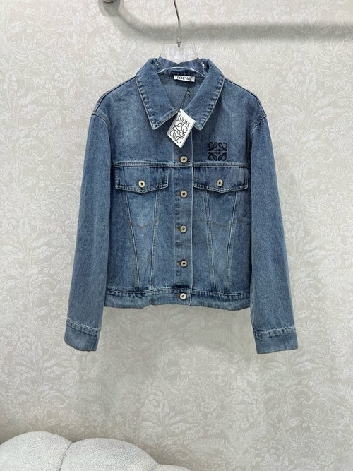 Loewe Vintage Washed Denim Jacket with Logo Embroidery, Soft Fabric