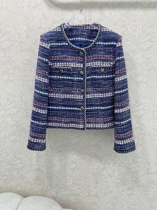 Chanel Elegant Tweed Dress Coat with Camellia Lining and Blue - Toned Weave