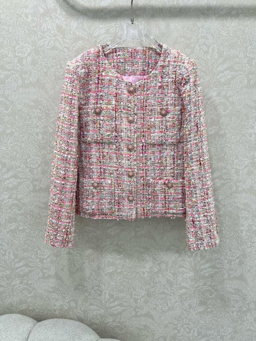 Chanel Pink Round Neck Dress Coat with Camellia Lining and White Weave