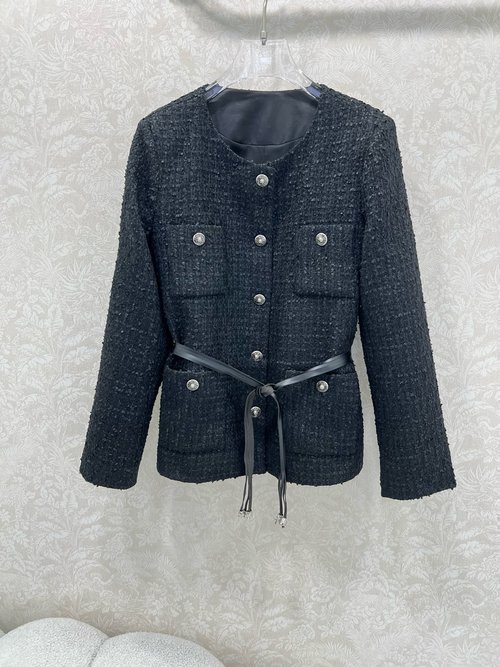 Chanel Elegant Round Collar Blazer with Belt and Camellia Lining