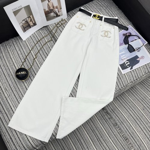 Chanel Early Autumn Double C Logo Embroidered Pocket Denim Straight-Leg Pants with Leather Belt