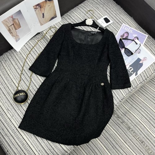 Chanel Early Autumn Tweed U-Neck Cap-Sleeve Dress with Waistband
