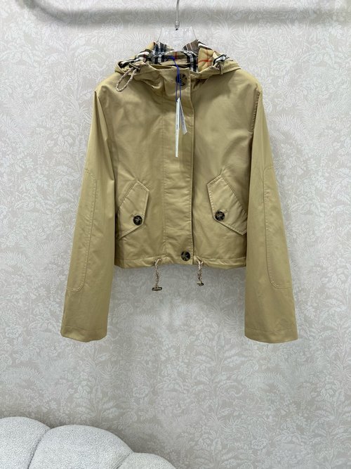 Burberry Scotch Checked Short Hooded Coat with Workwear Details