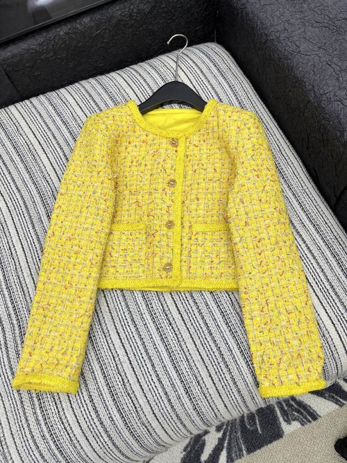 Chanel Lace-knitted Tweed Round-neck Coat with Gem Buttons and Gold Trim