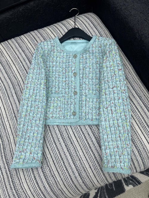 Chanel Customized Lace Knit Tweed Round Neck Coat with Gem Buttons and Gold Chain