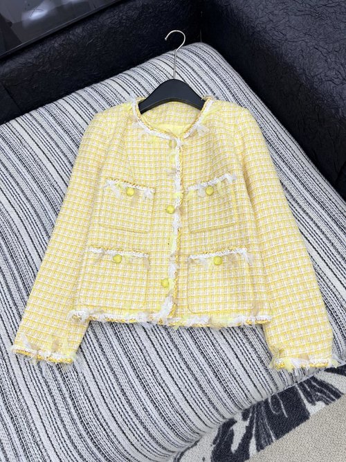 Chanel Lace-knitted Tweed Round-neck Coat with Gem Buttons and Gold Chain