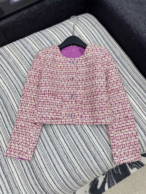 Chanel Sparkling Tweed Round-neck Coat with Gem Buttons and Gold Chain Hem