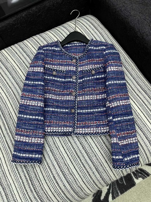 Chanel Customized Blue Lace-Knit Tweed Round-Neck Coat