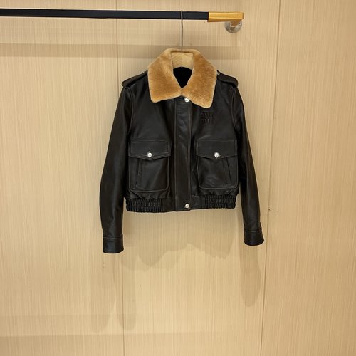 Miu Miu Leather Jacket with Imported Lambskin Fur Collar, Elegant and Sophisticated Style