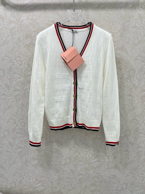 Miu Miu V-Neck Knit Cardigan with Miu Jacquard and Color-Blocked Edges