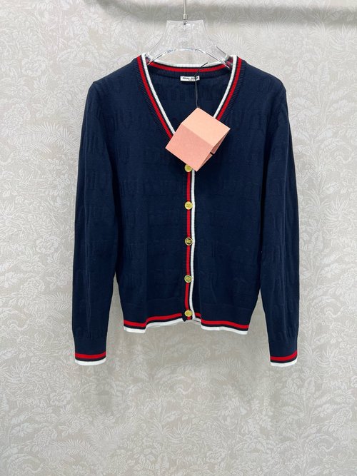 Miu Miu V-Neck Knit Cardigan with Miu Jacquard and Color-Blocked Edges