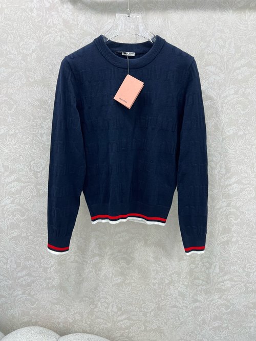 Miu Miu Round Neck Knit Sweater with Logo Jacquard and Color-Blocking Design